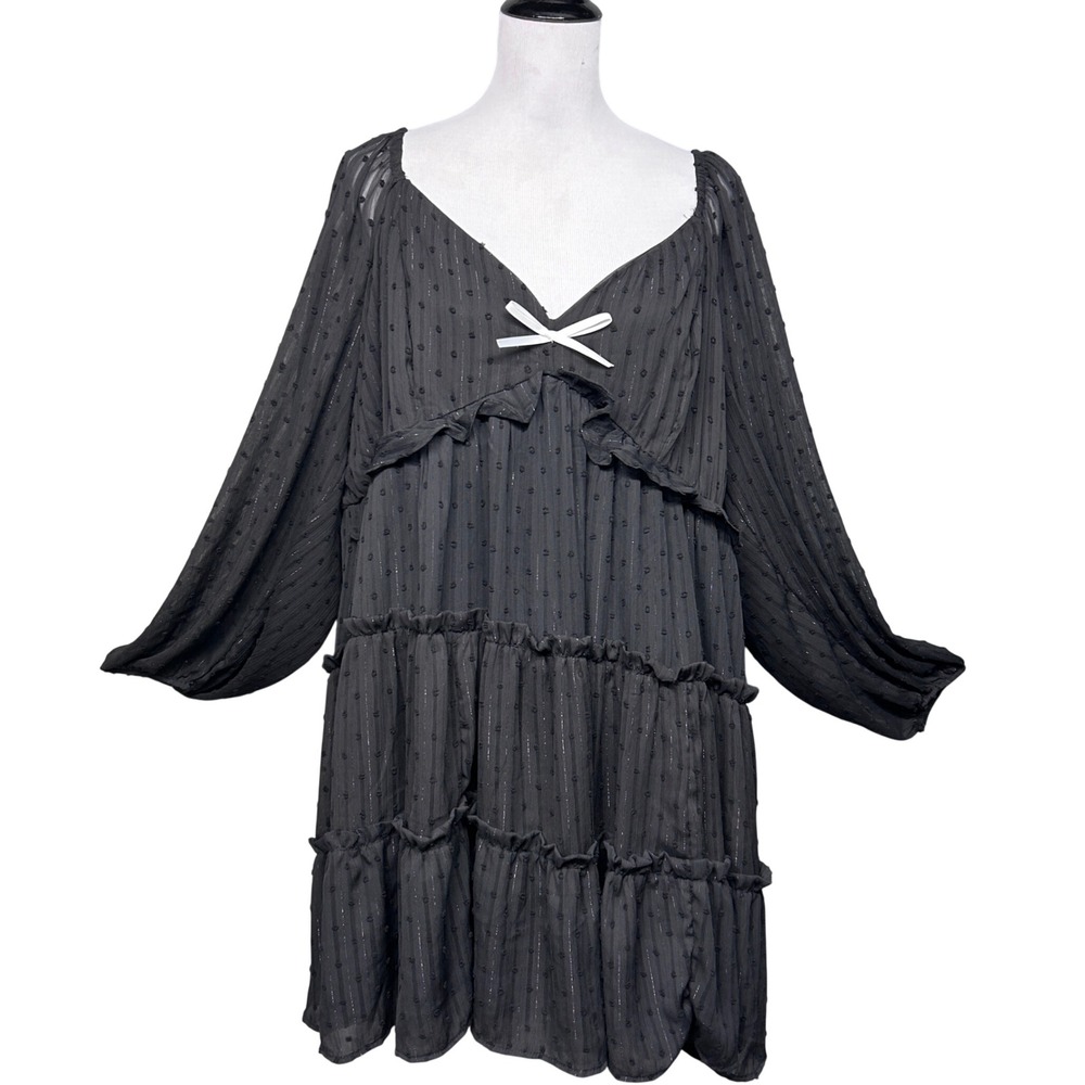 Torrid Babydoll Dress Women 3/3X Black Swiss Dot Lurex Ruffle Mini Whimsigoth